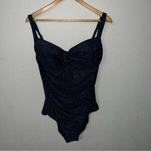 Pursuit BNWT Navy Blue Gold Metallic Glitter Threaded One Piece Swimsuit Size 16